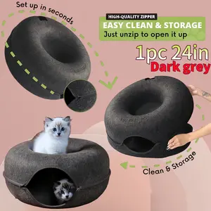 20/24in large dark grey donut cat bed  cat toys , spacious burrow for multiple cats, indoor tunnel bed, with a white toy ball, comfortable sleeping space for scratching, detachable and washable (dark grey/light grey)