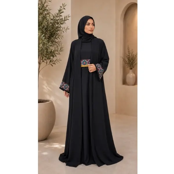 Elegant Black Embroidered Abaya with Palestinian Tatreez Design Two-Tone Inner Dress for Eid Weddings & Formal Events Lightweight Breathable Fabric Modest Dubai-Style Abaya