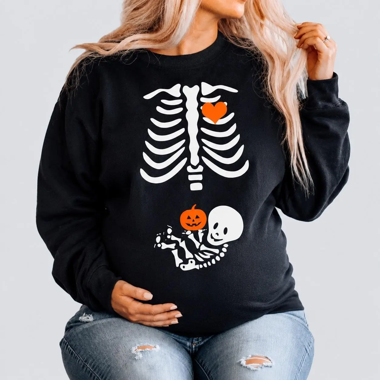 Women X-Ray Skeleton Sweatshirt Halloween Maternity Sweatshirts - Casual Cozy Halloween Fall Spooky Season Top for Pregnant Mom-To-Be Maternity Tops