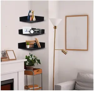 Floating Corner Shelf, Set of 3 Strong Acacia Wall Mount Shelf for Storage and Display - Wood Wall Organizer TV Accessories Game Console Kitchen Living Room (Black)