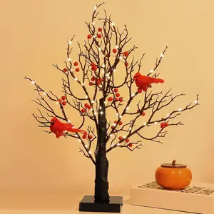 Vintage Glowing Tree with Cardinals, 21in LED Vintage Glowing Tree, Battery Powered LED Twinkle Trees Lamp with Lighted Branches, Gifts for Women, for Christmas, Halloween, Thanksgiving, Home Décor