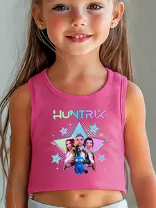 Girls Kpop Demon Hunters Series Summer Vest, Starburst Cute Cat Print, Casual Outdoor Wear, Comfortable Elastic Fabric, Trendy Fashion