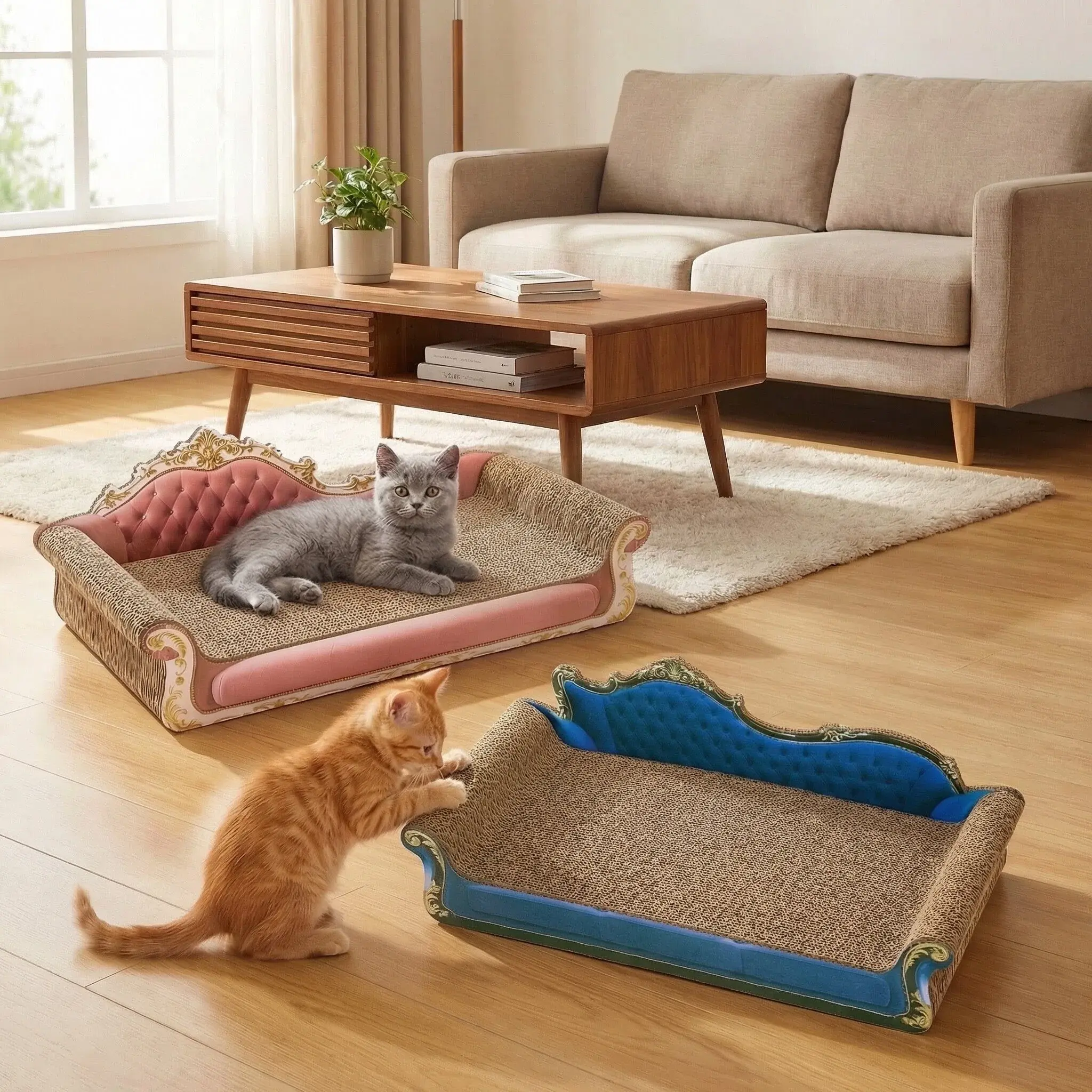 Corrugated Cardboard Scratcher Scratch Bed Anti-slip Design Bed Edge Cats Cratcher Pad Indoor Cat Accessory Durable Pet Furniture Sofa Cat Scratcher Board Kitty Bed Indoor Adult Cat Wood