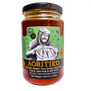 Aoritiko Organic Pure Cretan Mountain Honey | Greek Honey | 100% Natural, Wildflower & Herb-Infused, Rich Aromatic Flavor, Harvested from Pristine Greek Flora | 450 gram glass jar