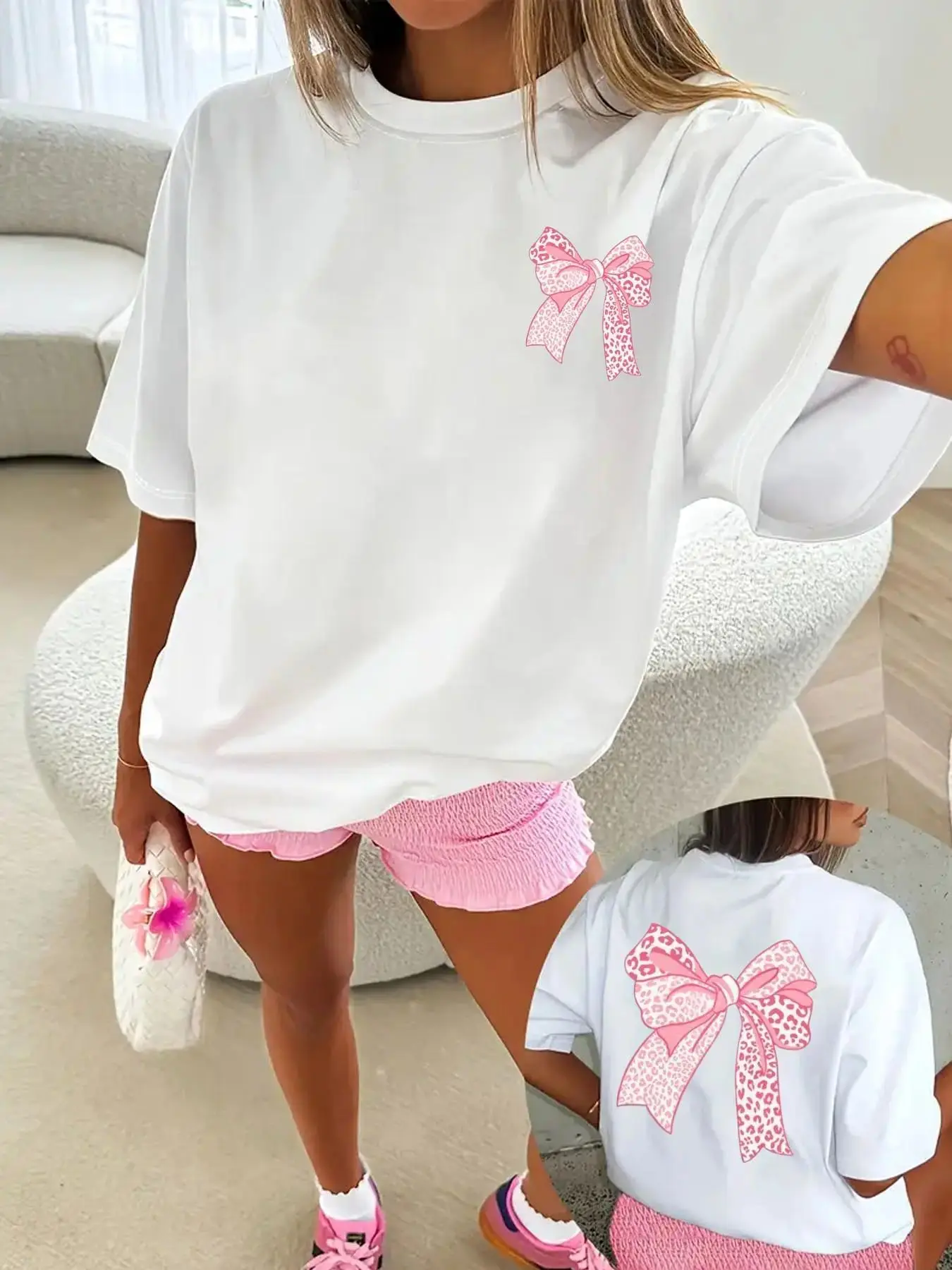 Womens Graphic Tee Leopard Bowknot Print Casual Knit Design Fitted T Shirt Streetwear Style Crewneck Short Sleeve Soft Breathable Slim Fit Daily Wear Summer Outfit Trendy Aesthetic Fashion Gift Top