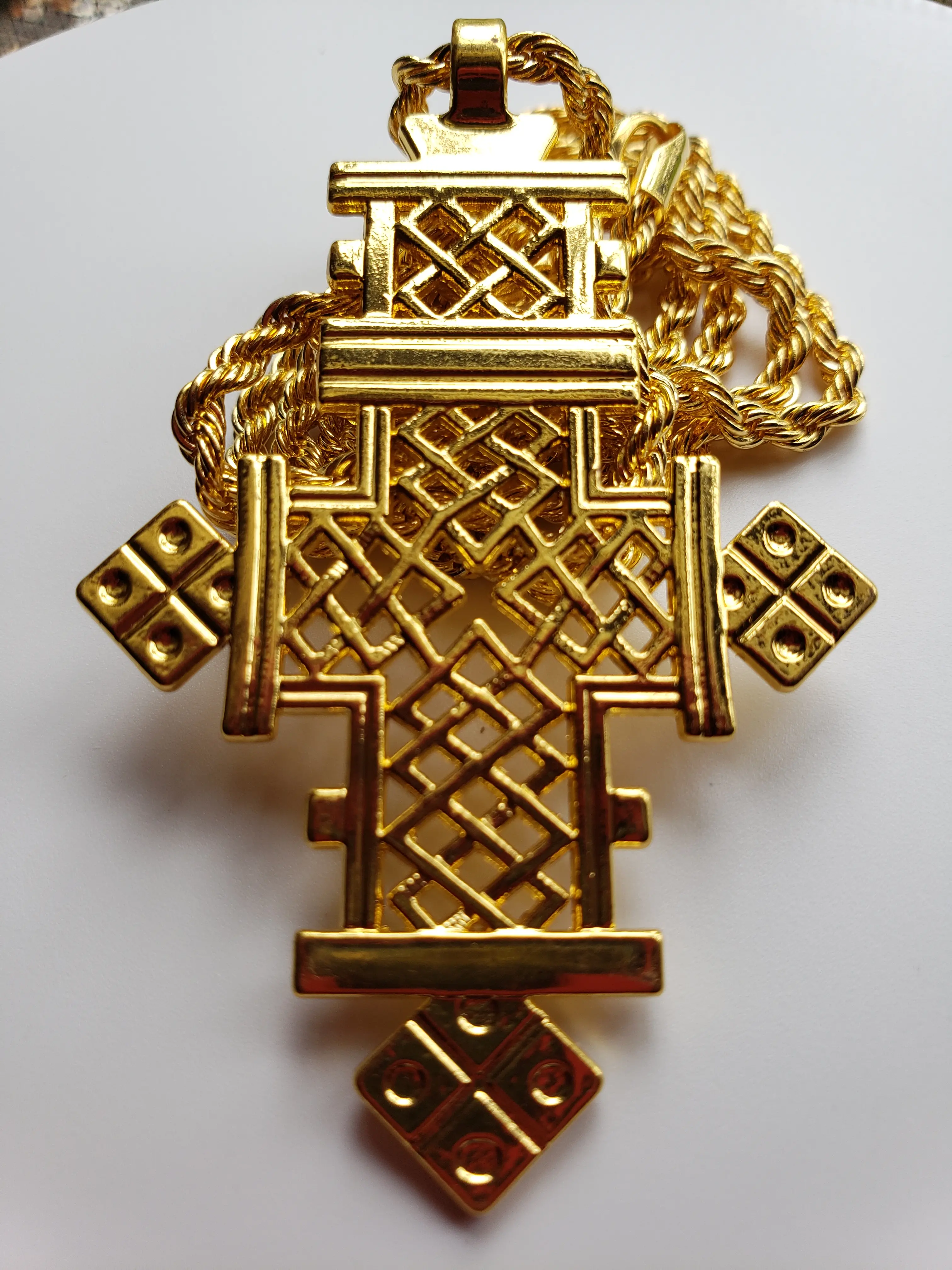 Large Sacred Ethiopian Orthodox Cross Necklace | Lalibela Cross Pendant on Rope Chain (24KGP) መስቀል | Rastafari | Roots & Culture | Habesha Gifts!