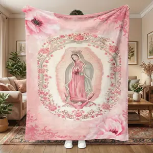 Pink Virgin Mary Blanket Our Lady Guadalupe Mexican Catholic Christian Religious Gifts Soft Flannel Fleece Throw Bed Sofa Church Decor Saint Virgencita Faith Spirit Present
