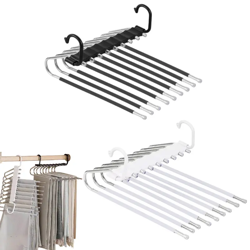 9-Layer Multifunctional Clothes Hanger - Sturdy Stainless Steel & PP Plastic Space Saver Hangers, Open-End Non-Slip Cover, Smooth Hook, Yoga Pants/Trousers/Leggings Organizer, Compact Closet Hanging Solution for Small Spaces
