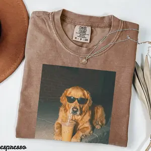 Comfort Colors Golden Retriever Drinking Iced Coffee TShirt, Dog Meme Graphic Tee, Funny Dog Tee, Dog Mom Gifts, Trendy Pet Shirt Gift Idea