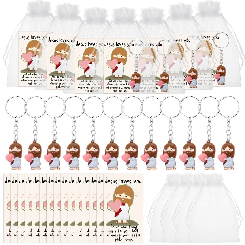 10/30 Sets Mini Jesus Keychain with Organza Bag Christian Gift Sunday School Supplies Jesus Keychain with Love Heart Trick or Treat Ideas Positive Gift for Christian Women Church Group Bulk Religious Party Favor Bible Learning Gift Emotional Support