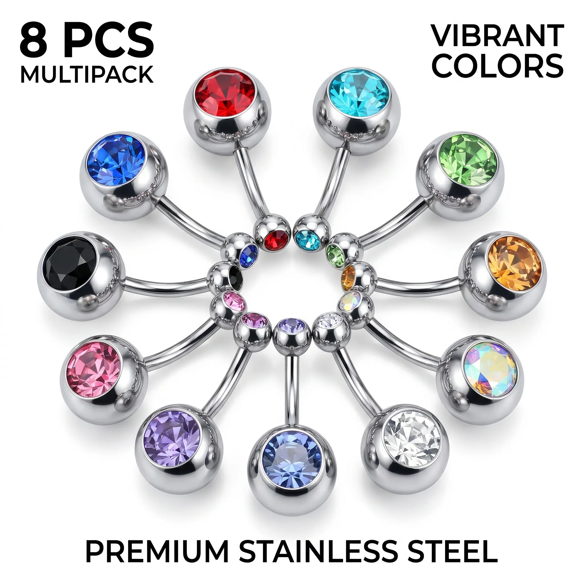 8-Piece Floating Belly Button Rings, Internally Threaded Stainless Steel Navel Bars with Solid CZ & Opal Tops, Body Piercing Jewelry for Women's Styling