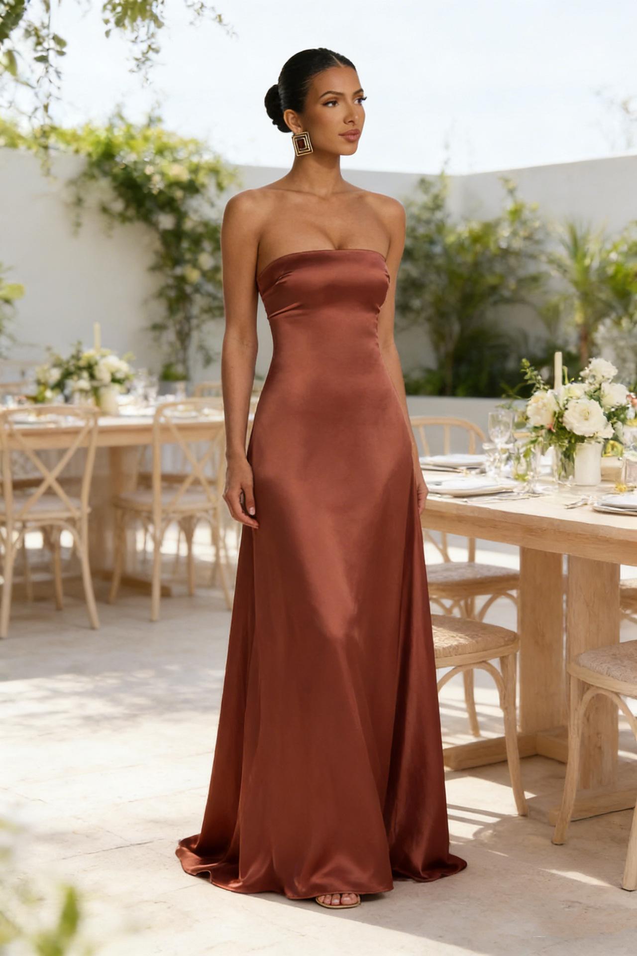 Womens Backless Tube-Top Waist-Cinching Evening Gown Long Dress