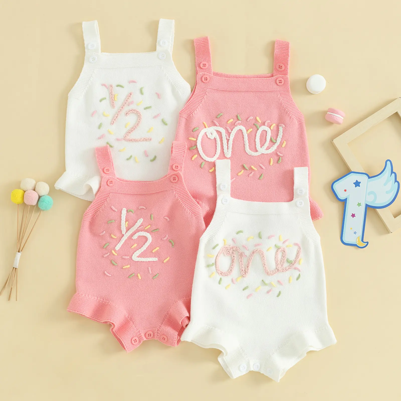 REDWOON Half/1st Birthday Outfit Baby Girl Sleeveless Knit Romper Sweet Birthday Outfit Cute Infant Summer Clothes Birthday Gift