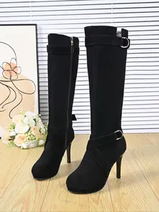 Women's Velvet High-Heeled Long Boots, Thick Leg Design, Large Size Available, Stylish Knight Boot Style, Perfect for Casual Wear