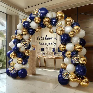 A Set of 133 Navy Blue And Golden Balloon Garlands, Featuring Sand White, Blue, And Golden Confetti Balloons in Various Sizes of 18, 12, 10, And 5 Inches, Suitable for Birthday Parties, Weddings, Bridal Gifts, Anniversaries, Graduation Parties