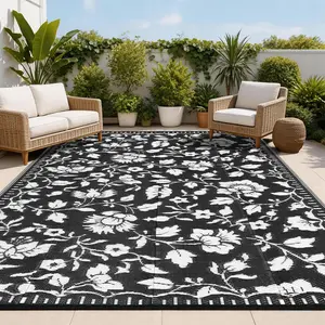 Outdoor Rug Waterproof Patio Rugs  Reversible Mat for Front Door Rv Floral Print Foldable Plastic Straw Carpet for Travel Trailers, Deck, Picnic, Porch, Balcony, Beach