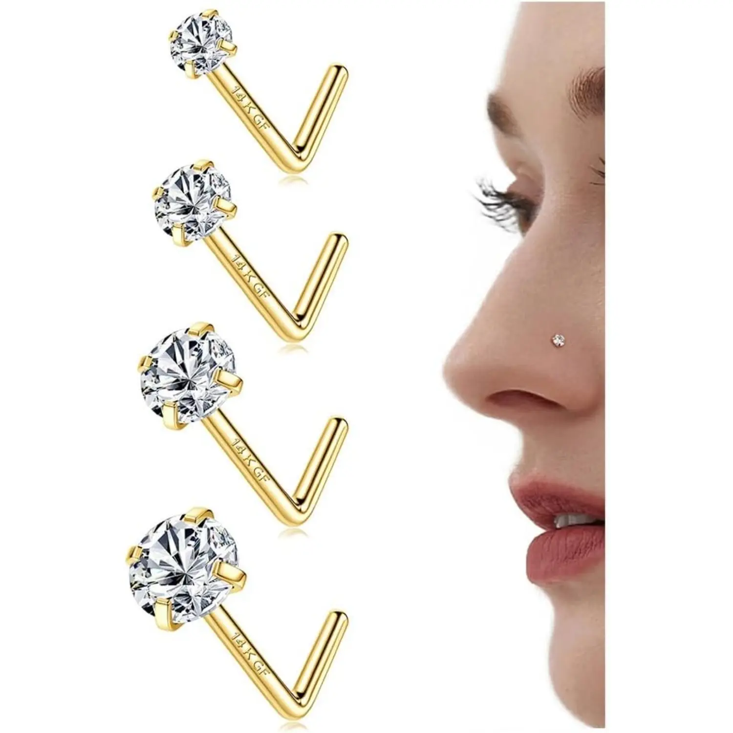 Milacolato 14 Karat Plated Gold Nose Studs - 316L Surgical Steel, 6A Round CZ, 20G Comfortable Durable 1.5/2/2.5/3mm L-Shaped 4pcs Hypoallergenic Nose Piercing Jewelry for Women (Simple Look)