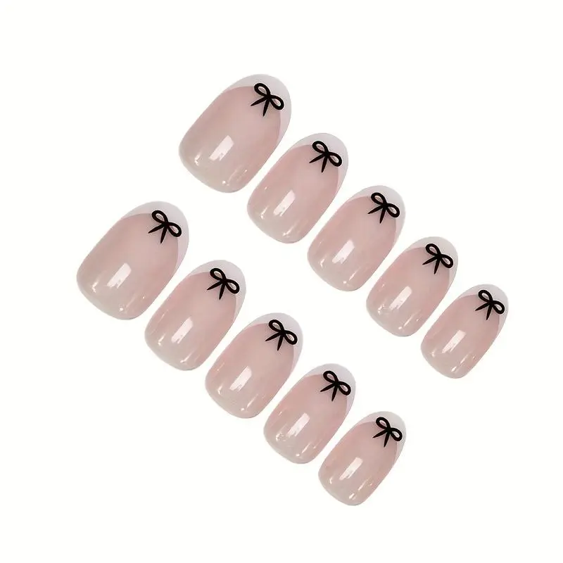 24 Elegant Short Oval French Fake Nails, Chinese Bow Design, Glossy Color Finish, Detachable Nail Art Set, Suitable Holiday Themed Fake Nails Women And