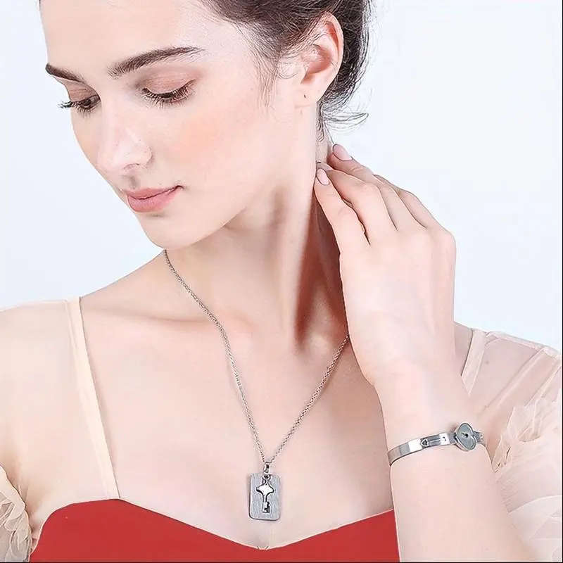 Set, Heart Lock Bangle & Key Tag Pendant Necklace Set Set, Heart Lock Bangle & Key Tag Pendant Necklace Set