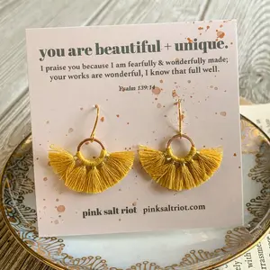 "You are Beautiful" Fan Tassel Earrings in Mustard Yellow and Gold