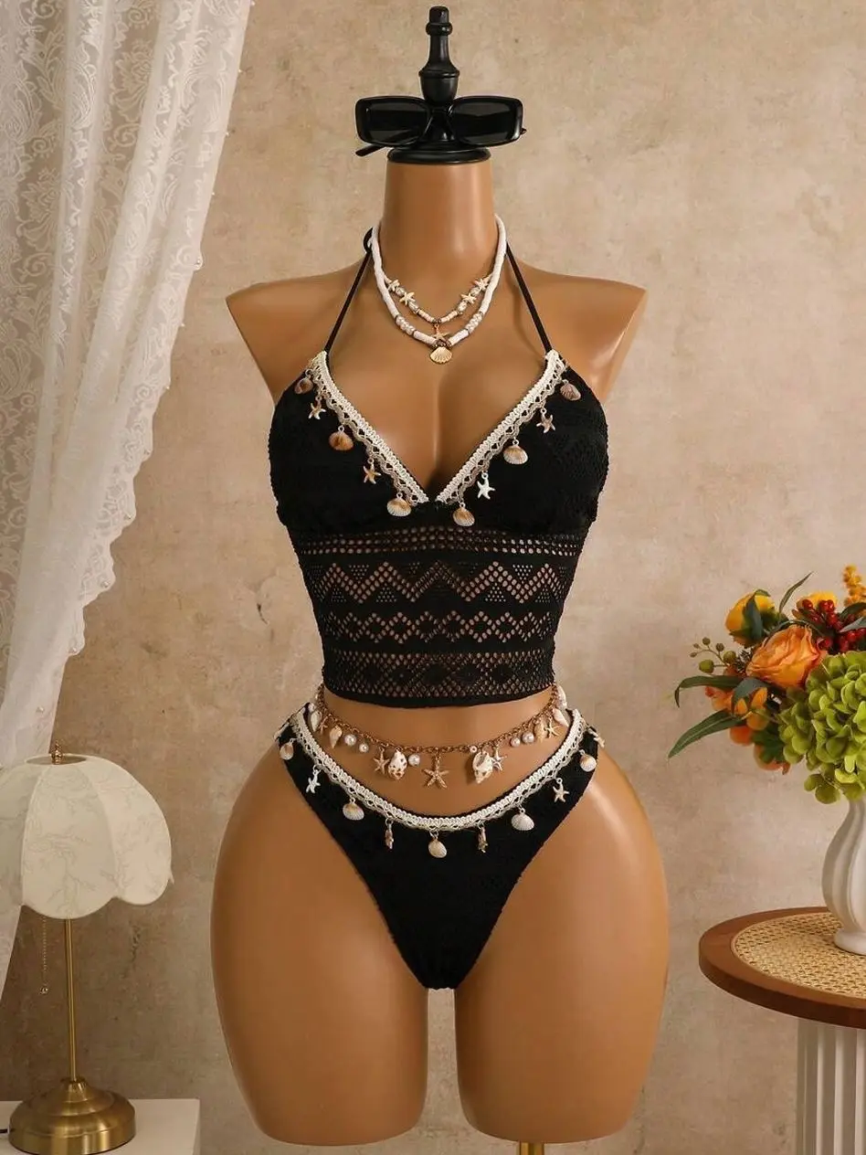 Bellisia Black Crochet Mesh Shell Trim Halter Bikini Set | Seashell Decorated Longline Camisole Top & High-Cut Bottom 2-Piece Swimsuit