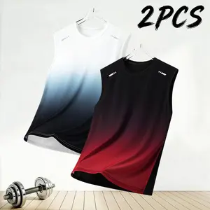 2-pack men’s gradient color breathable sleeveless athletic tank tops, American professional fitness style, cool-touch breathable skin-friendly fabric that stays fresh and wicks sweat without feeling sticky, crew neck design that fits comfortably around th