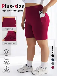 Women's Plus Size Casual Tight Fit Solid Color Shorts, High Waist Gym Athletic Wear Shorts with Pockets, Yoga Fitness Underwear, Yoga Activewear, Comfortable Daily Wear, Elastic Waist Shorts, Workout Shorts