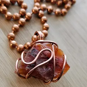 Raw Carnelian Chunky Ball Chain Crystal Pendant Necklace, Vitality, Motivation, Creativity, Confidence Gemstone Spiritual Jewelry [Made-to-Order]
