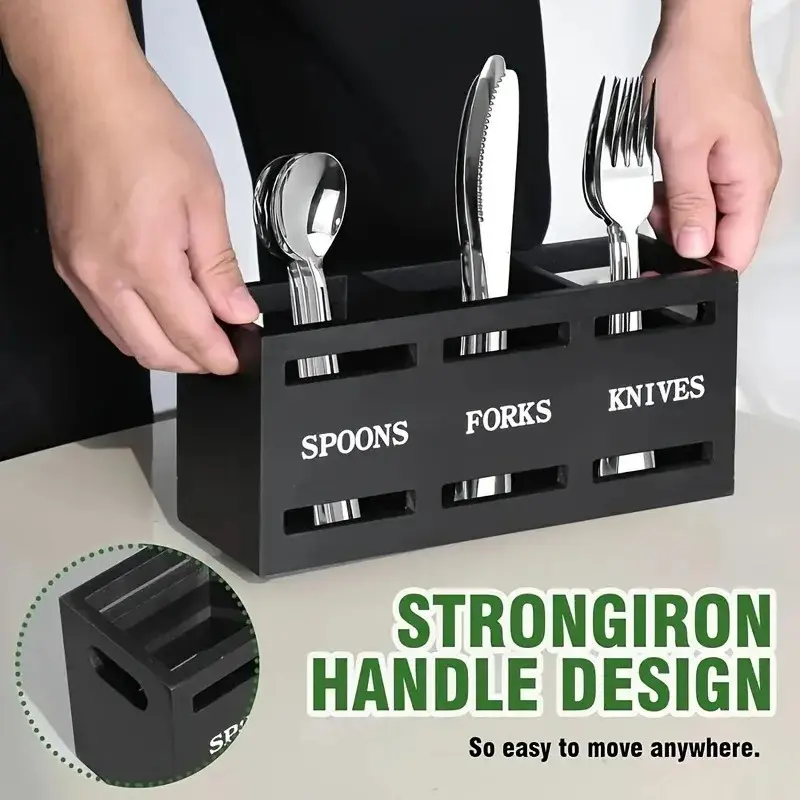 Stylish Minimalist Rectangular Wooden Cutlery Holder - 1-Count Single Unit Stable 3-Compartment Large-Capacity Storage Box, Multifunctional Kitchen Utensil Organizer for Forks, Spoons, Knives