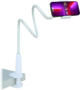 Muuha Cell Phone Clip Bed Stand Holder, with Grip Flexible Long Arm Gooseneck Bracket Mount Clamp for Desk, Compatible with All mobile Phones Cellphone Apple Iphone 17 16 15 14 Samsung Adjustable Smartphone
