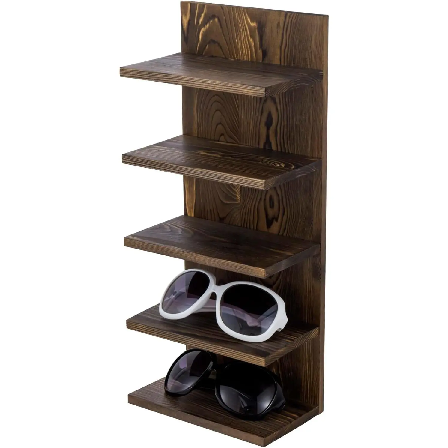 5 Tier Rustic Burnt Solid  Sunglasses Holder Rack, Wall Mounted Eye Glasses Shelf or Tabletop Display Stand, Retail Eyewear  Storage Organizer