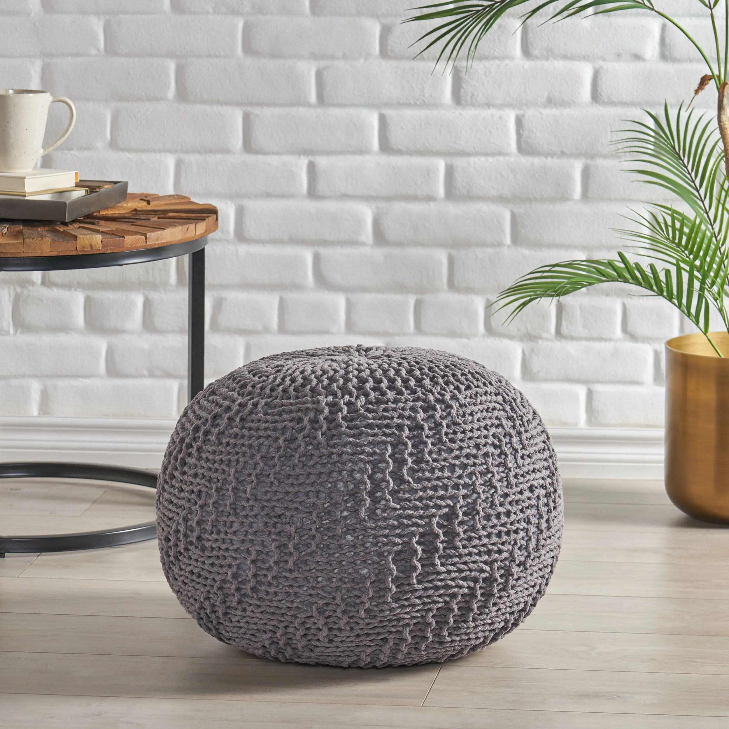Hand-Knitted Hazel PET Yarn Pouf, 20x20 Inches Indoor-Outdoor Decor Ottoman Footstool