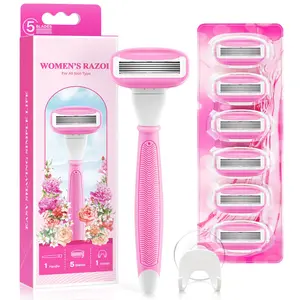 Women’s Razor Kit – 1 Non-Slip Handle with 7 Blade Refills & Shower Holder, 5-Blade Shaver with 360° Lubrication for Comfortable Use