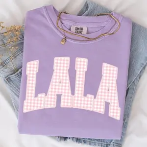 [Sale Up To 50%] Comfort Color Lala T-Shirt, Pink Gingham Lala Grandma Shirt Design, Coquette Varsity Lala Graphic, Lala Mothers Day Gift Sublimation, Gift For Mama