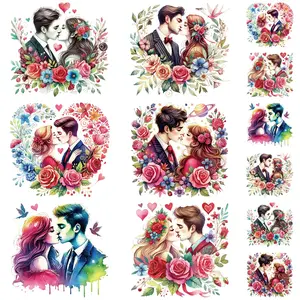 12-Piece Kiss Couple Valentine Colorful Transfer Stickers, Large & Small Designs, Washable Iron-On Decorative Patches for Clothes