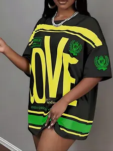 Plus Size Women's Street Style Colorblock Short Sleeve Top, Love Letter Print with Text and Striped Elements, Loose Fit, Comfortable Fabric