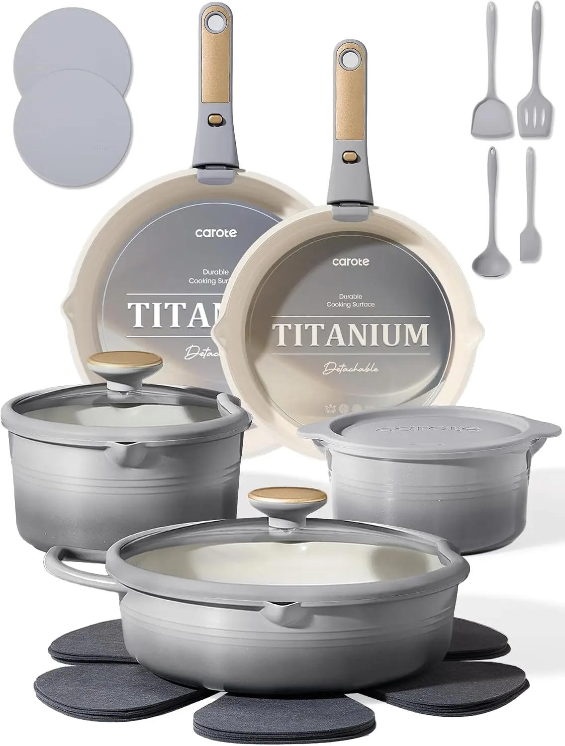 20pcs Titanium Cookware Set, Pots and Pans Set Detachable Handle | Non-Stick, Non-Toxic, PFAS and PFOA Free, Induction Compatible, Dishwasher & Oven Safe, Space Saving, Camping Cooking, Gray Compact Nonstick
