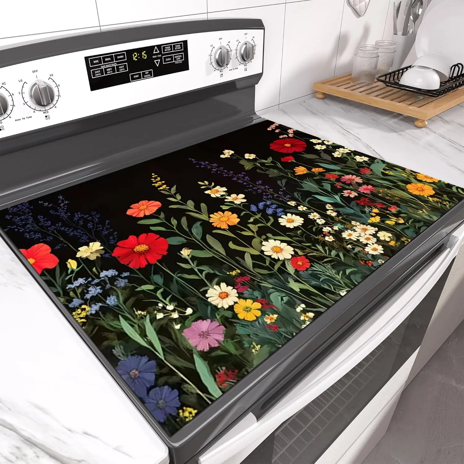 Floral Pattern Non-Slip Scratch Protection Rubber Oven Mat, Stove Panel Protector, Kitchen Decoration, Decorative, Easy Clean, Multi-Purpose Stove Cover, Fits Ovens, Washing Machine, Dryer