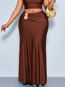 Elegant Casual Solid Color High Waist Skirt, Plus Size Women's Fitted Knit Skirt, All Seasons Fashion, Ladies' Stylish Clothing, Womenswear