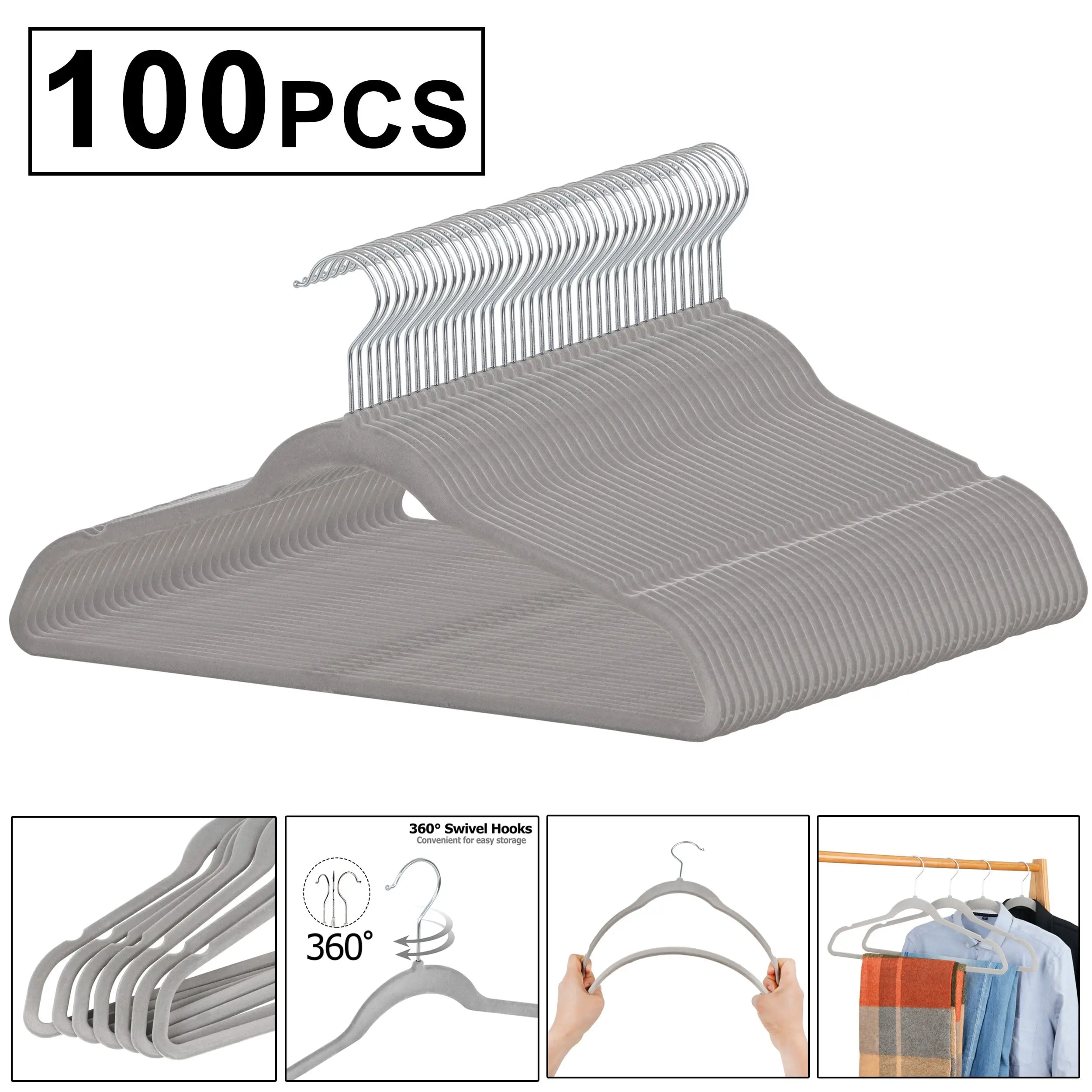 SuperDeal Contoured Type Flocked Velvet-ABS Clothes Hangers Set Pack - 100 Pcs with Metal Hook, Non-Slip Durable Compact Organizer for Coats, Jackets