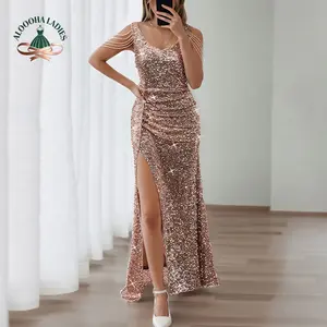 Reg Size Gold Sequined V Neck Sleeveless Evening Dress with Ruched Detailing High Slit for Formal Party Prom Wedding Valentine's Day Graduation Birthday - Womenswear, Chic