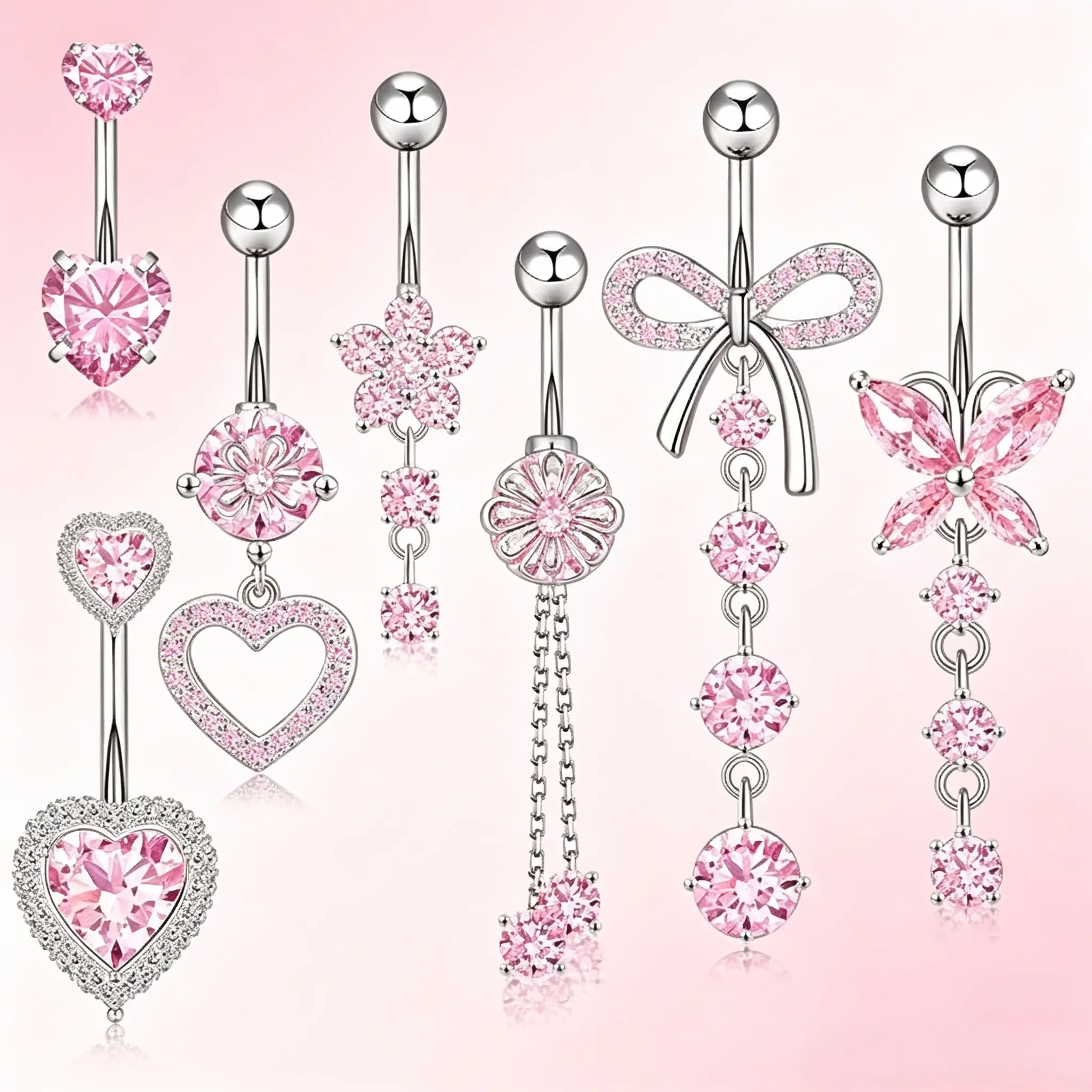 Women's 14G Surgical Steel 10mm Barbell Belly Button Rings Set (7Pcs) - Hypoallergenic Dangle Navel Piercing Jewelry with CZ Heart, Butterfly, Flower Charms for Beach, Christmas, Valentine Pros