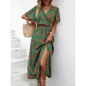 Women's Elegant Floral Print Dress - Flowy A-Line gown with asymmetrical High/Mid-Thigh Slit,  Machine Washable for Parties, Dates, Office - Formal & Casual Outfits in Green & Brown Floral Print Pattern, Party Attire, Date Night Outf Fabric Polyester