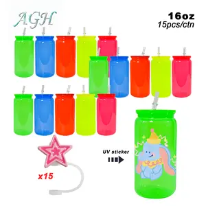 AGH US 15pcs 16 oz Plastic Neon Mason Jars with Straw Topper Mixed Color Cans Tumblers Cups for DIY Gifts  Drinkware Portable