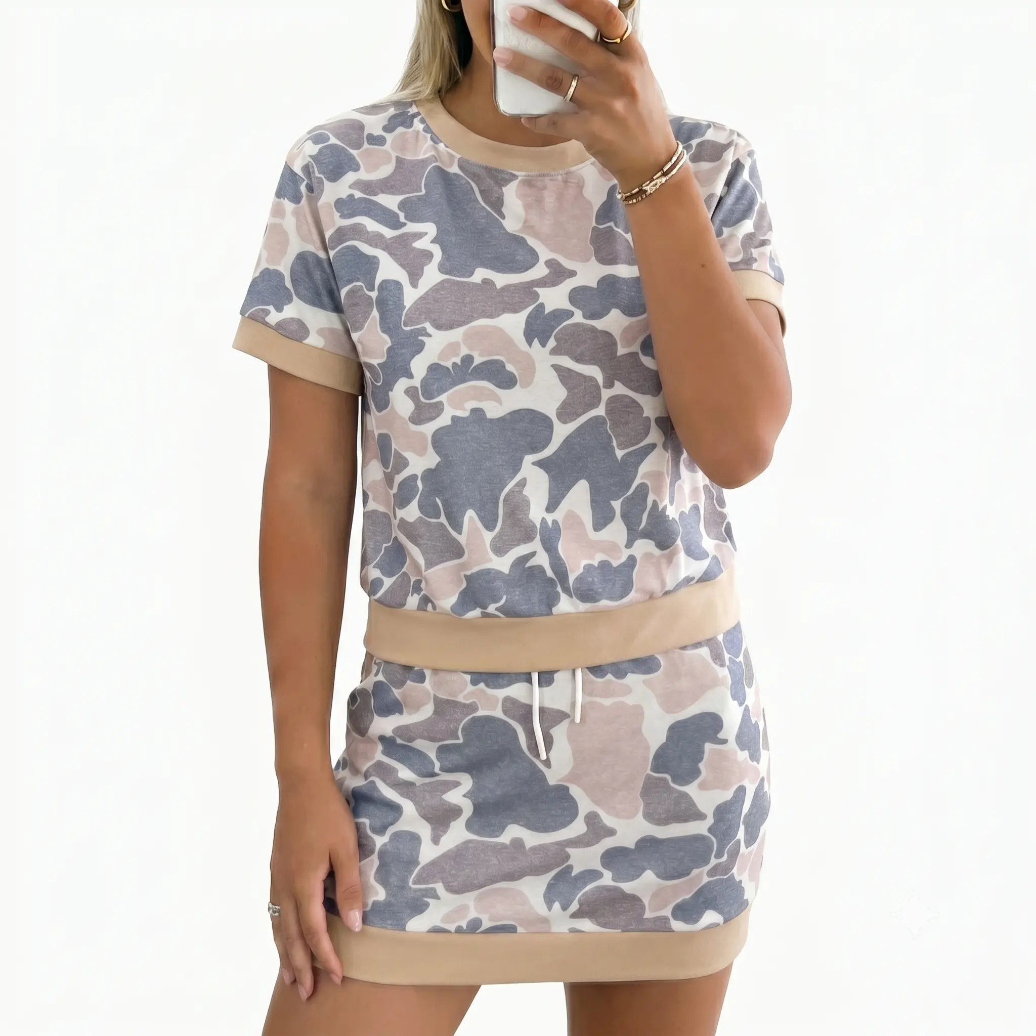 Women's 2 Piece Tracksuit Outfit Retro Camouflage Short Sleeve Crewneck Top and Color Block Drawstring Skort Set Athleisure Loungewear