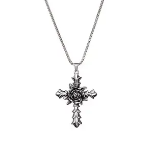 Stainless Steel Gothic Rose Cross Necklace cross necklaces catholic jewelry pickleballnecklacekendra mystery jewelry black pendant spiritual jewelry necklace for