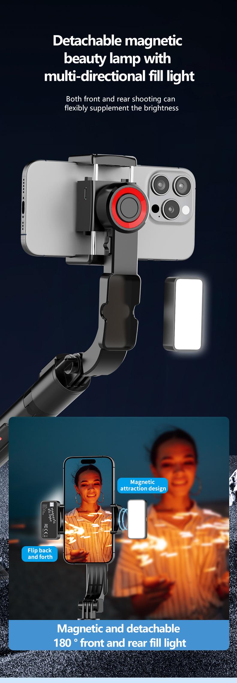 1-Axis Gimbal Stabilizer with Magnetic Fill Light, Anti-Shake Selfie Stick Tripod, Bluetooth Remote, Auto Balance Phone Stand, Aluminum Alloy Vlogging Gear for iPhone & Android