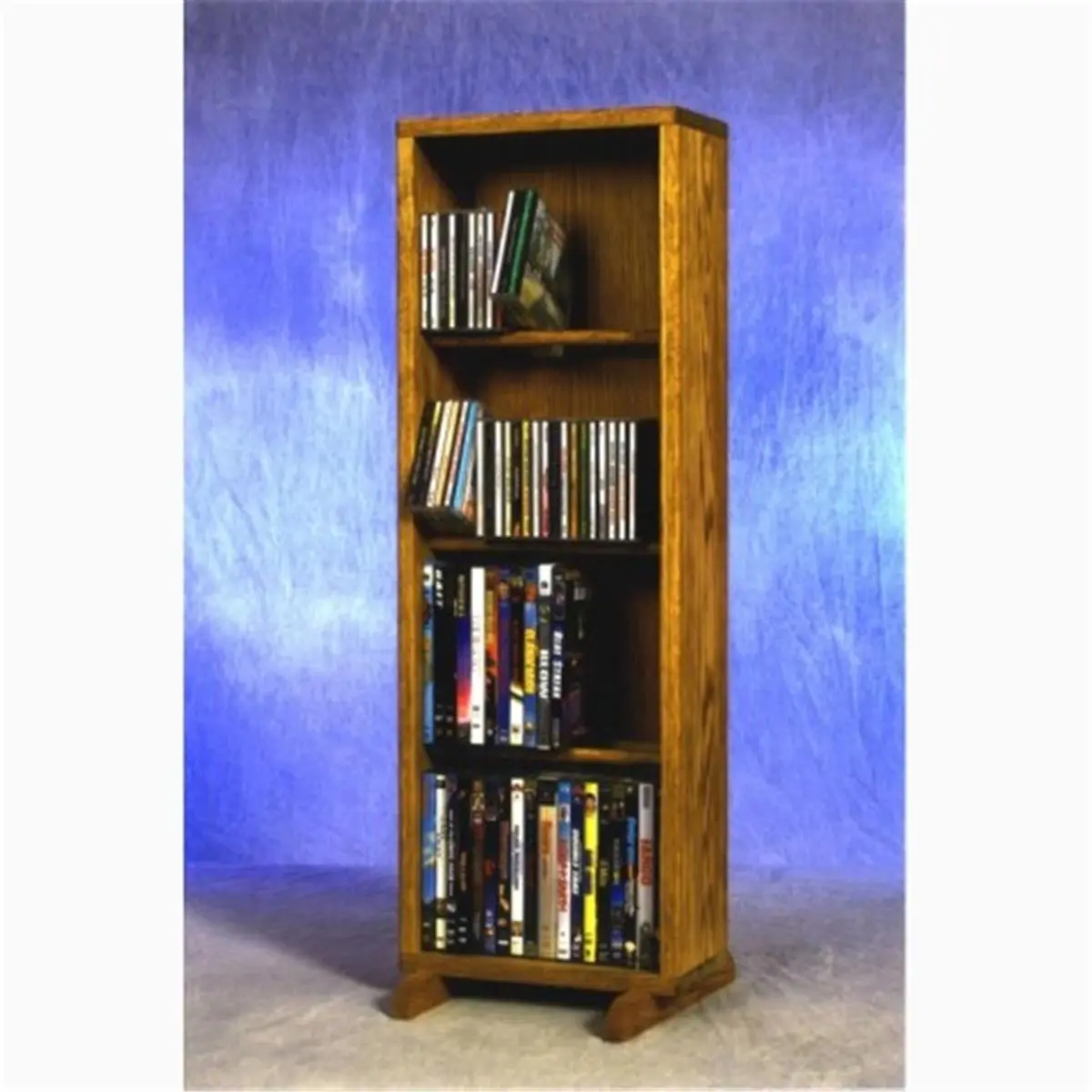 Solid Oak CD-DVD Cabinet Tower - 4-Row Dowel Design, 104 CDs Max or 80 DVDs Capacity, Fully Assembled, 6.5 Unit Wall Extension, Indoor Shelving Rack for Any Room
