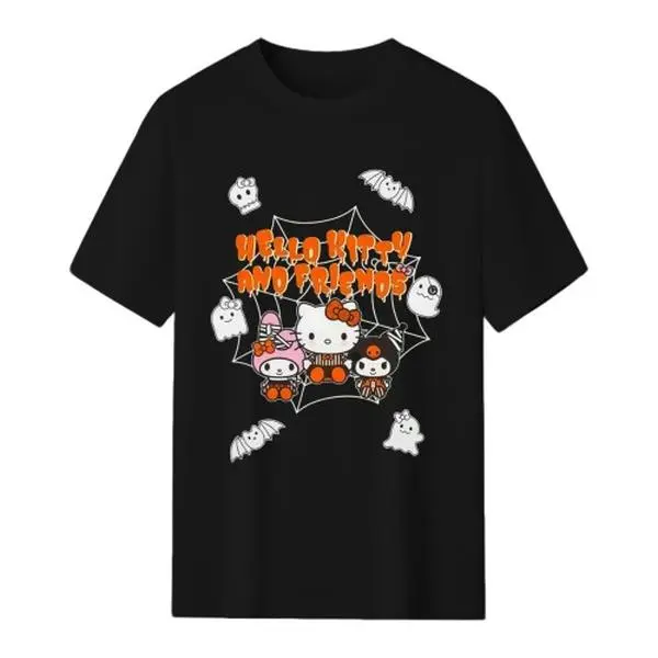 Sanrio Menswear Classic Colorful Festive Premium Cotton Graphic Tee - Hello Kitty & Friends Halloween Web Print, Crew Neck, Short Sleeve, Casual Streetwear Top