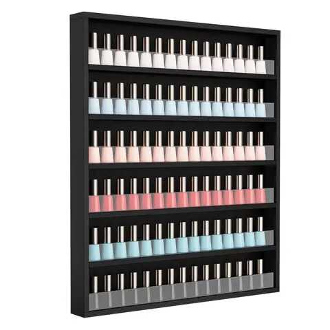 OmySalon 6-Tier Sturdy Acrylic Wall-Mount Adjustable Organizer - Rectangular, Slip-Free Dividers, 6-Tier Polish View, 120-Bottle Capacity for Nail Polish, Perfumes, Essential Oils, Toys, 5-Min Wall Mount Commercial Salon Furniture